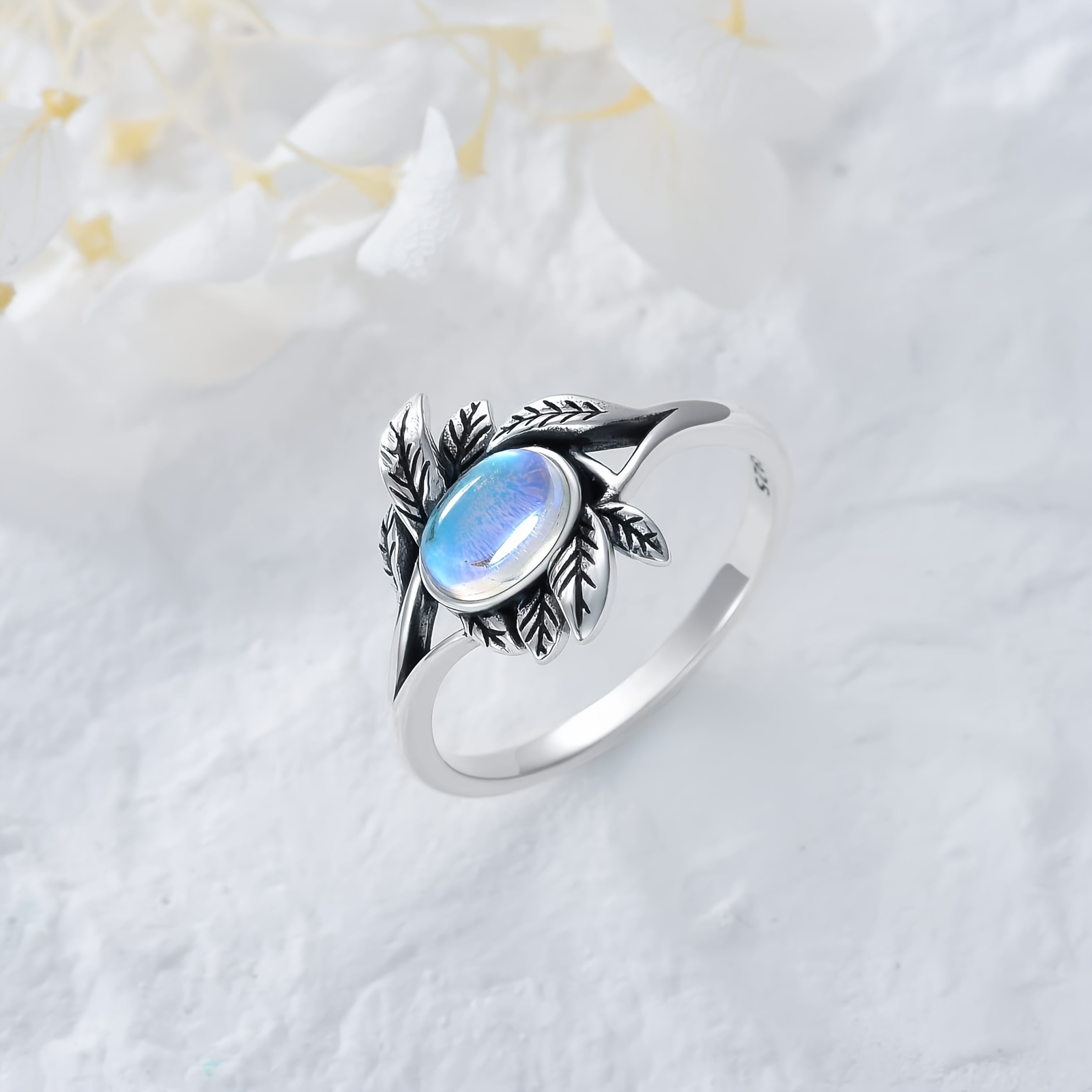 Moonstone Ring Sterling Silver Olive Leaf Women's Jewelry